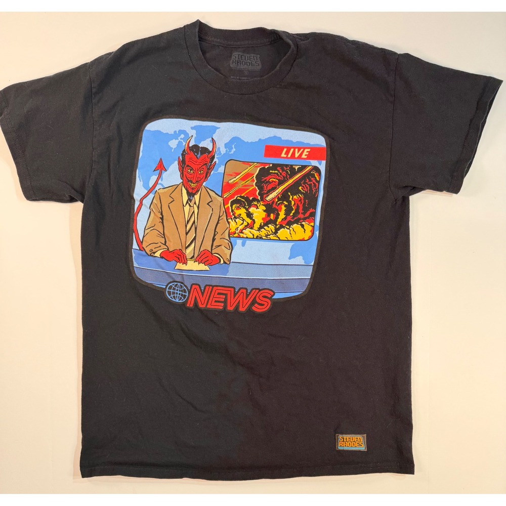 Steven Rhodes Live News Devil Graphic Tee Black Retro Humor T-Shirt Large
